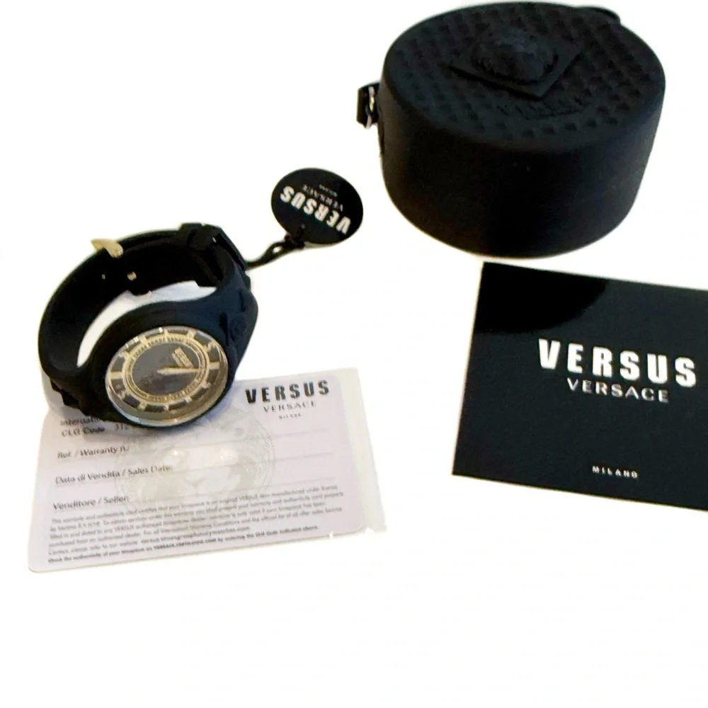 VERSACE Versus Versace Black Gold Lion Head Stainless Steel & Silicone Watch NWT - Picture 11 of 13